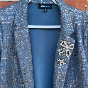 Alice Blue Jacket Metallic Design Crystal Embellishments 3/4 Sleeve Open Front M
